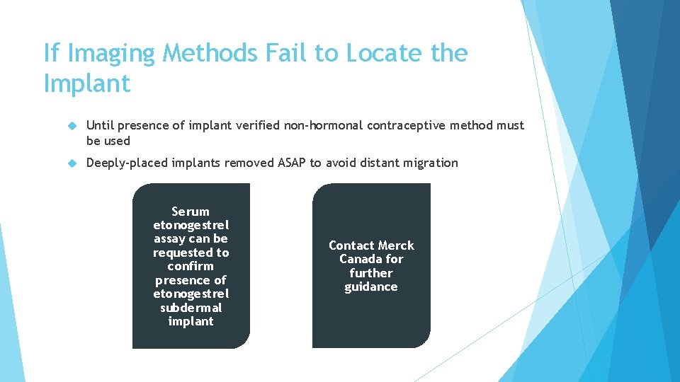 If Imaging Methods Fail to Locate the Implant Until presence of implant verified non-hormonal