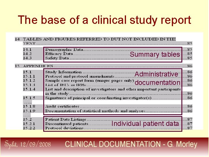 The base of a clinical study report Summary tables Administrative documentation Individual patient data