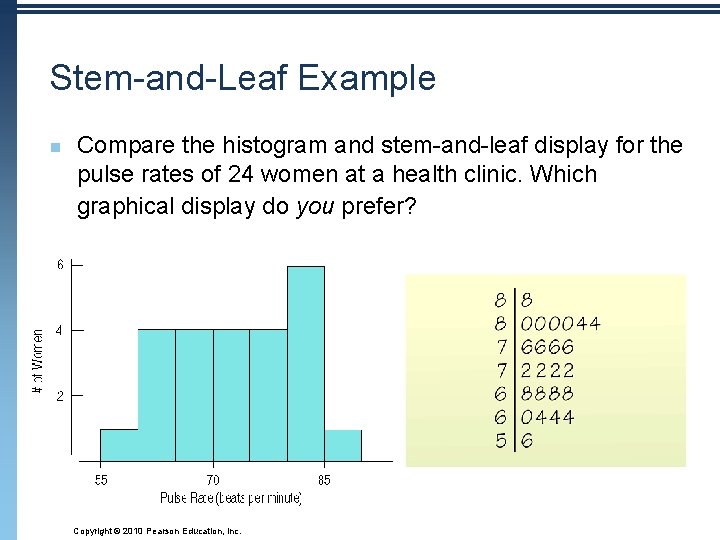 Stem-and-Leaf Example n Compare the histogram and stem-and-leaf display for the pulse rates of