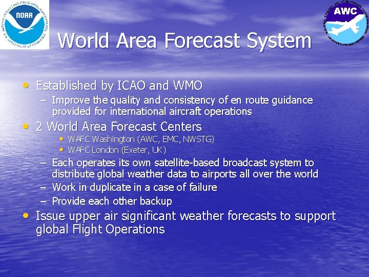 World Area Forecast System • Established by ICAO and WMO – Improve the quality