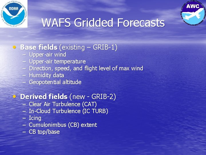 WAFS Gridded Forecasts • Base fields (existing – GRIB-1) – – – Upper-air wind