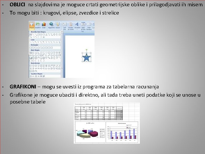 - OBLICI na slajdovima je moguce crtati geometrijske oblike i prilagodjavati ih misem To