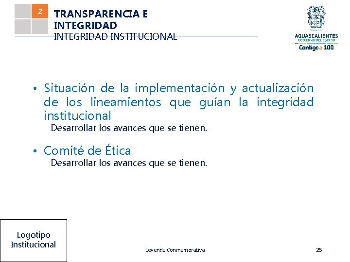 2 TRANSPARENCIA E INTEGRIDAD INSTITUCIONAL • Situación de la implementación y actualización de los
