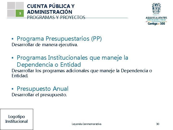 3 CUENTA PÚBLICA Y ADMINISTRACIÓN PROGRAMAS Y PROYECTOS • Programa Presupuestarios (PP) Desarrollar de