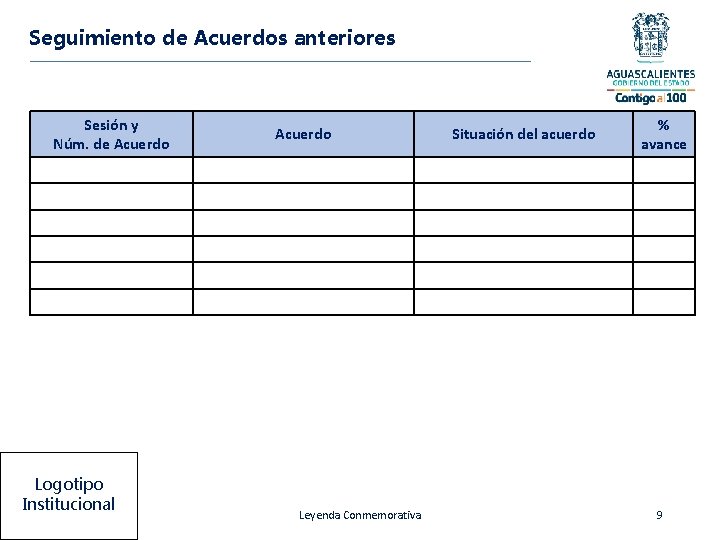 Seguimiento de Acuerdos anteriores Sesión y Núm. de Acuerdo Logotipo Institucional Acuerdo Leyenda Conmemorativa