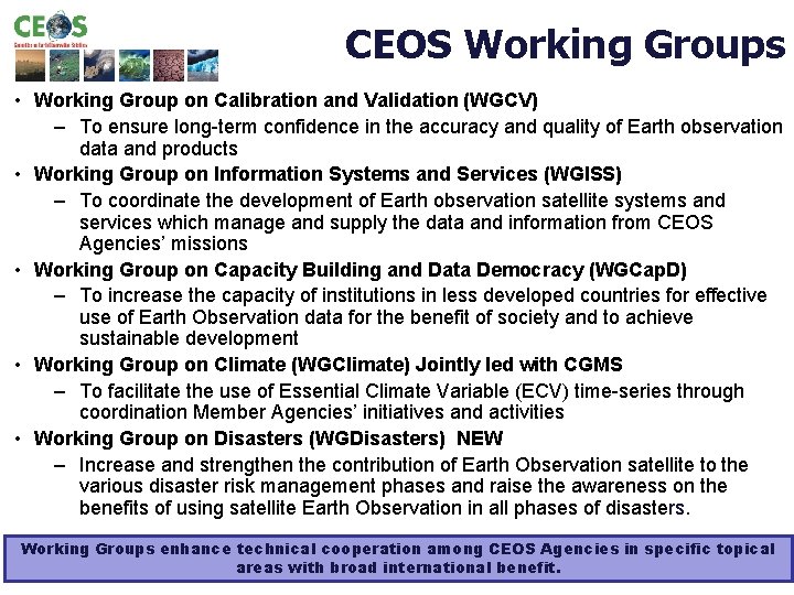 CEOS Working Groups • Working Group on Calibration and Validation (WGCV) – To ensure