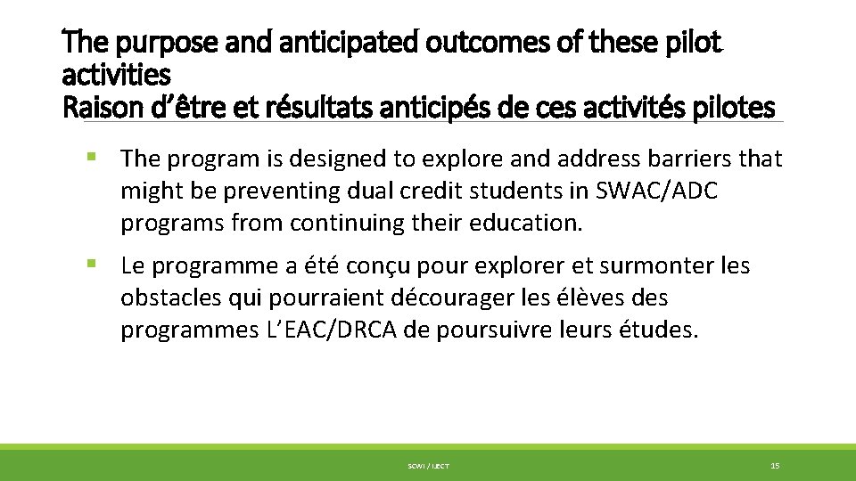 The purpose and anticipated outcomes of these pilot activities Raison d’être et résultats anticipés