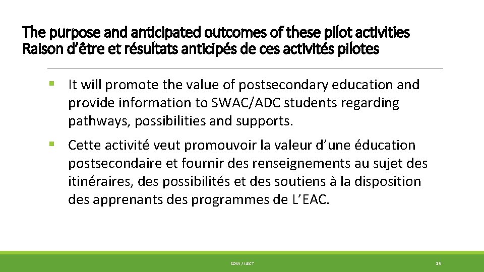 The purpose and anticipated outcomes of these pilot activities Raison d’être et résultats anticipés