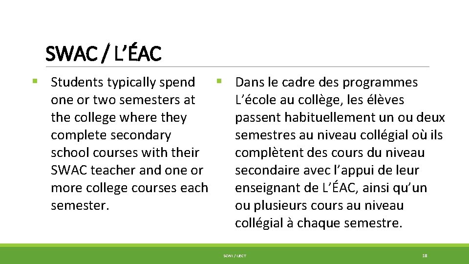 SWAC / L’ÉAC § Students typically spend § Dans le cadre des programmes L’école