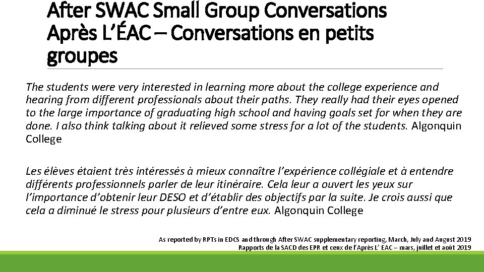 After SWAC Small Group Conversations Après L’ÉAC – Conversations en petits groupes The students