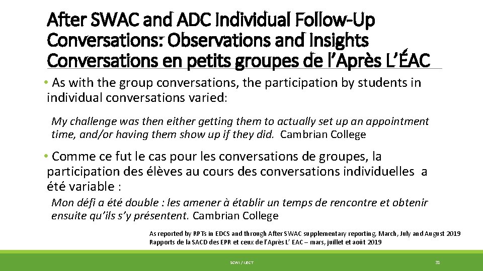 After SWAC and ADC Individual Follow-Up Conversations: Observations and Insights Conversations en petits groupes
