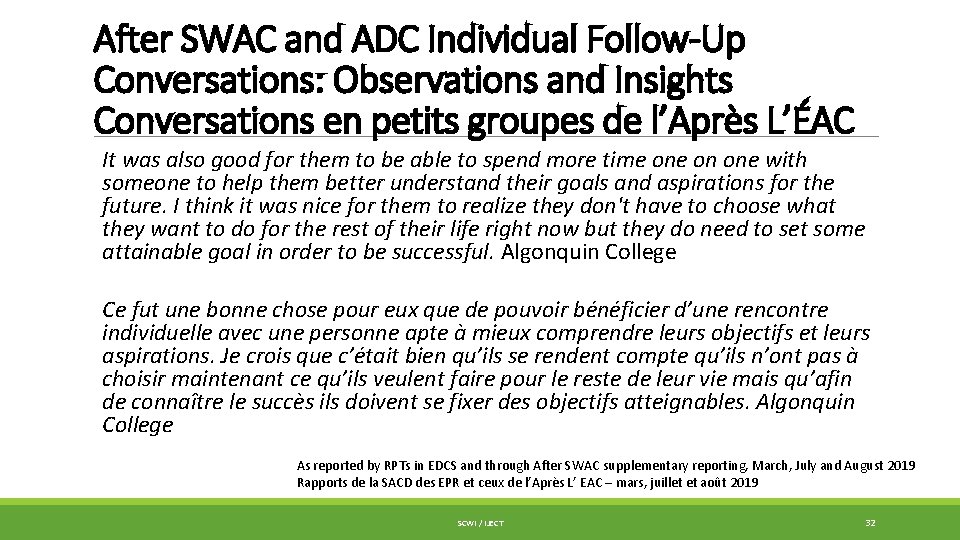 After SWAC and ADC Individual Follow-Up Conversations: Observations and Insights Conversations en petits groupes