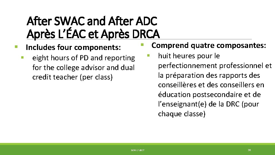 After SWAC and After ADC Après L’ÉAC et Après DRCA § Comprend quatre composantes: