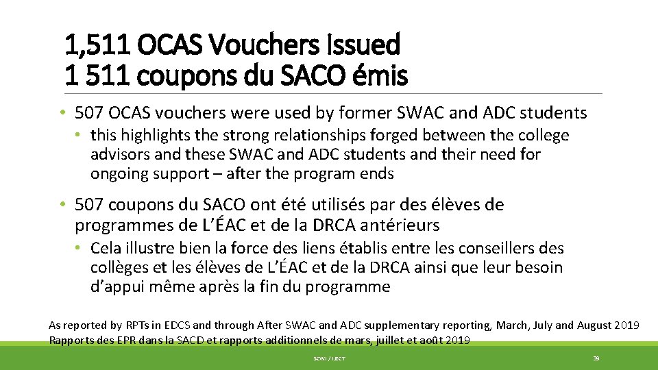 1, 511 OCAS Vouchers Issued 1 511 coupons du SACO émis • 507 OCAS