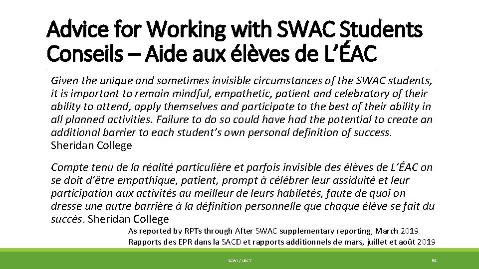 Advice for Working with SWAC Students Conseils – Aide aux élèves de L’ÉAC Given