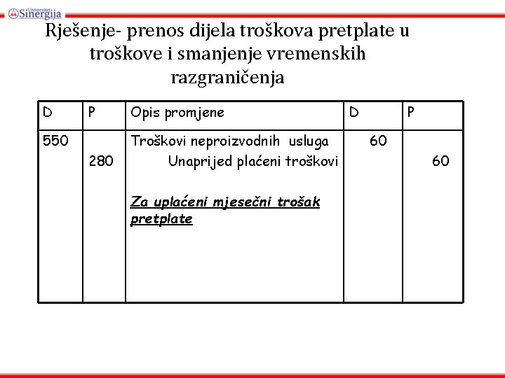 Rješenje- prenos dijela troškova pretplate u troškove i smanjenje vremenskih razgraničenja D P Opis