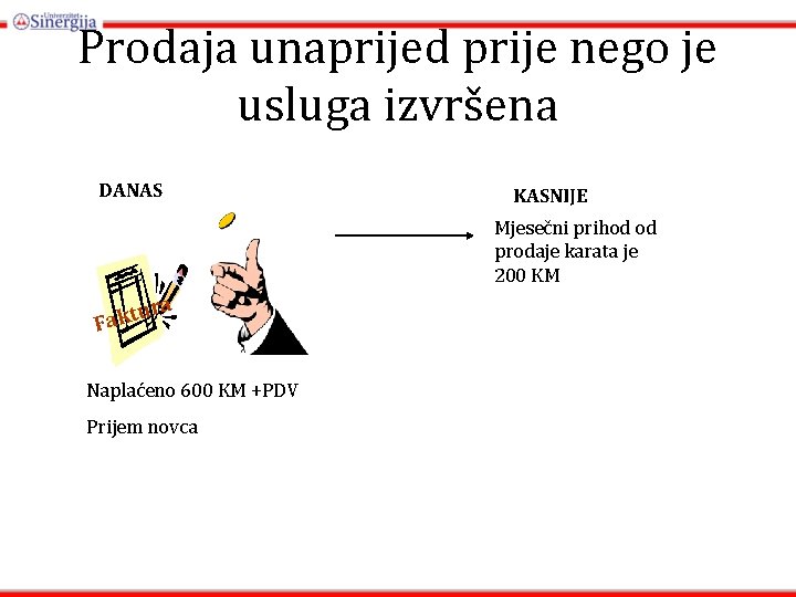 Prodaja unaprijed prije nego je usluga izvršena DANAS KASNIJE Mjesečni prihod od prodaje karata