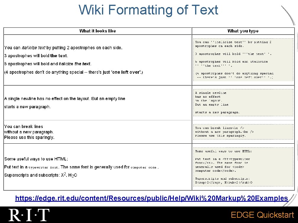 Wiki Formatting of Text https: //edge. rit. edu/content/Resources/public/Help/Wiki%20 Markup%20 Examples EDGE Quickstart 
