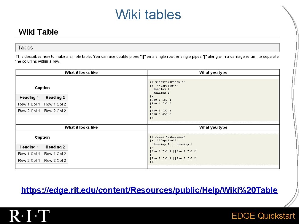Wiki tables https: //edge. rit. edu/content/Resources/public/Help/Wiki%20 Table EDGE Quickstart 