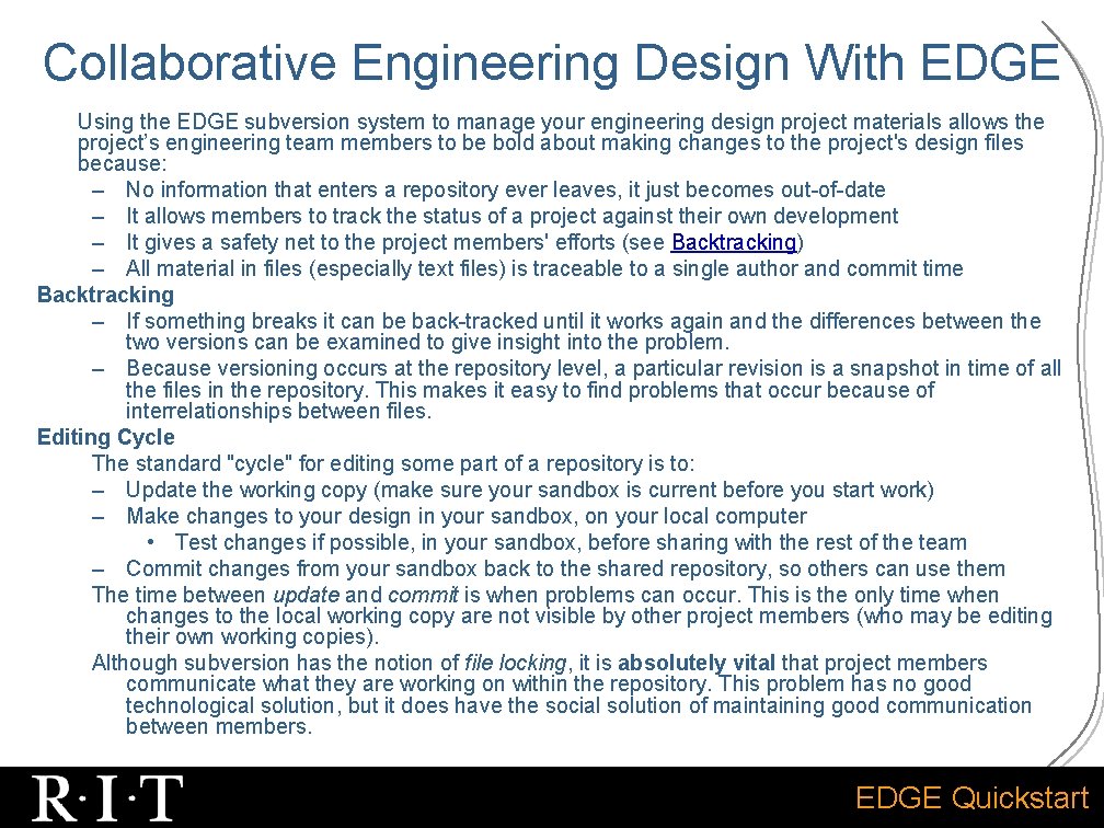 Collaborative Engineering Design With EDGE Using the EDGE subversion system to manage your engineering