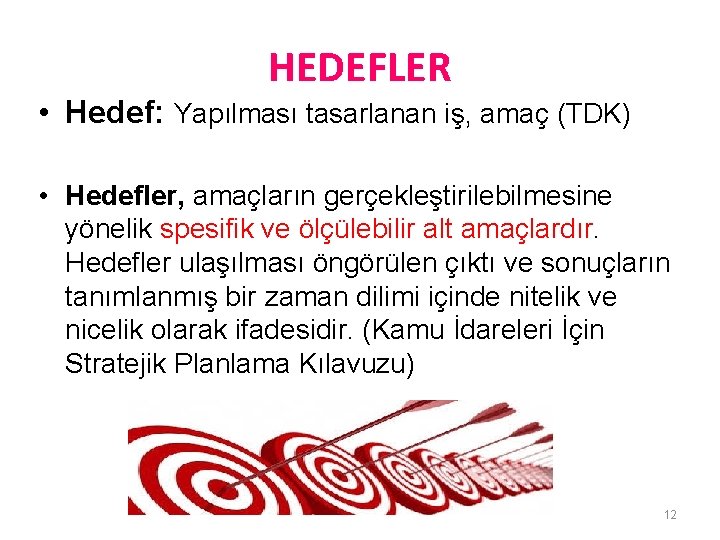 HEDEFLER • Hedef: Yapılması tasarlanan iş, amaç (TDK) • Hedefler, amaçların gerçekleştirilebilmesine yönelik spesifik