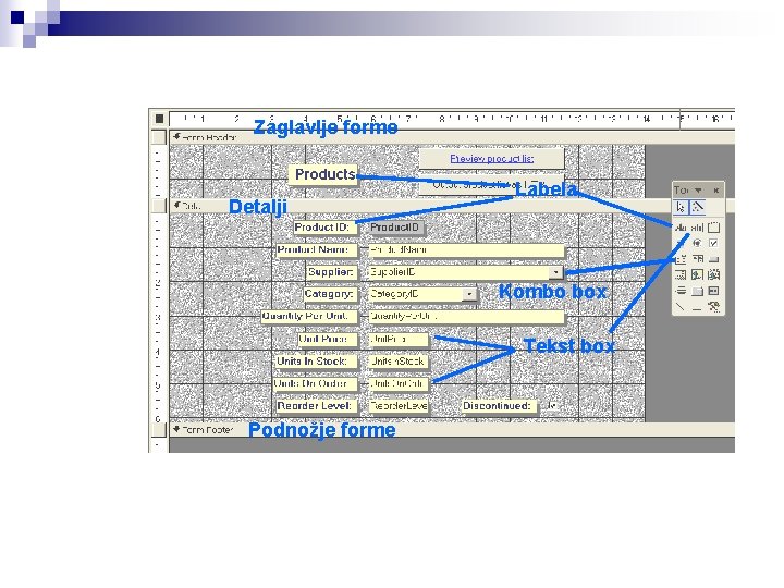 Zaglavlje forme Detalji Labela Kombo box Tekst box Podnožje forme 