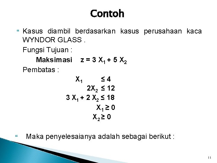 Contoh Kasus diambil berdasarkan kasus perusahaan kaca WYNDOR GLASS. Fungsi Tujuan : Maksimasi z