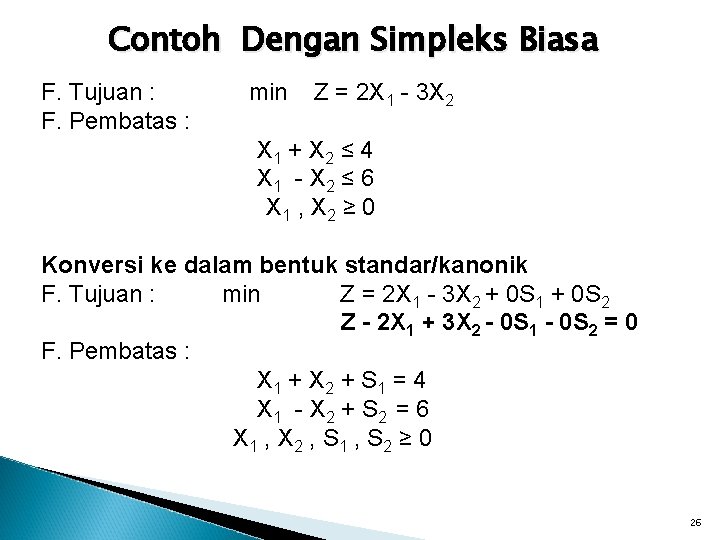 Contoh Dengan Simpleks Biasa F. Tujuan : F. Pembatas : min Z = 2