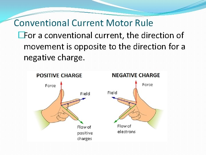 Conventional Current Motor Rule �For a conventional current, the direction of movement is opposite