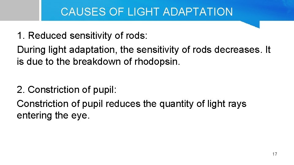 CAUSES OF LIGHT ADAPTATION 1. Reduced sensitivity of rods: During light adaptation, the sensitivity