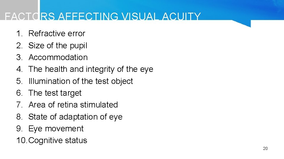 FACTORS AFFECTING VISUAL ACUITY 1. Refractive error 2. Size of the pupil 3. Accommodation