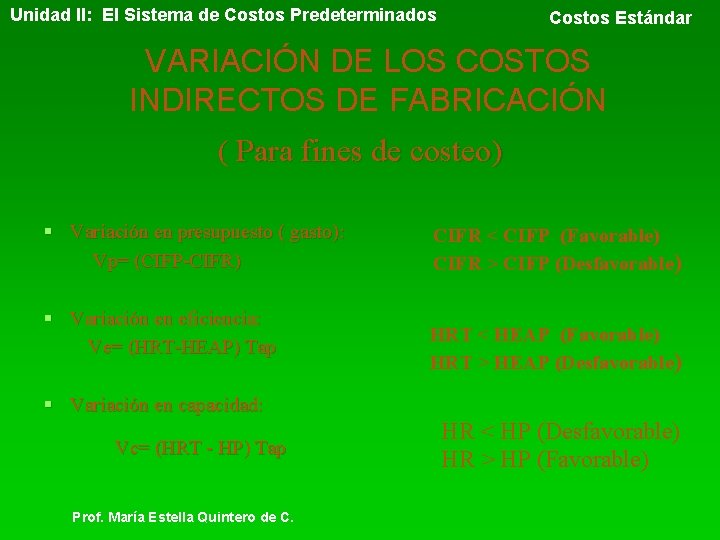 Unidad II: El Sistema de Costos Predeterminados Costos Estándar VARIACIÓN DE LOS COSTOS INDIRECTOS