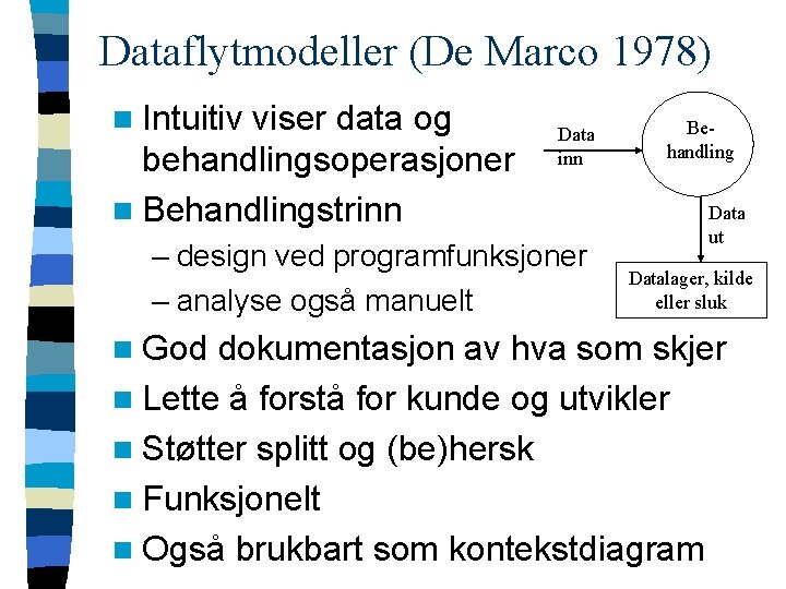Dataflytmodeller (De Marco 1978) n Intuitiv viser data og behandlingsoperasjoner n Behandlingstrinn Data inn