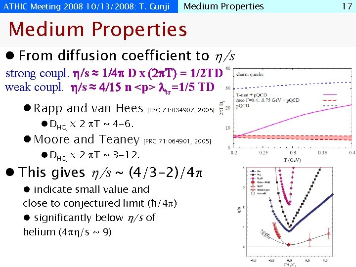 ATHIC Meeting 2008 10/13/2008: T. Gunji Medium Properties l From diffusion coefficient to h/s