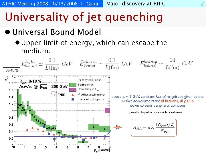 ATHIC Meeting 2008 10/13/2008: T. Gunji Major discovery at RHIC Universality of jet quenching