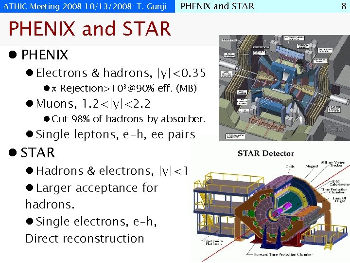 ATHIC Meeting 2008 10/13/2008: T. Gunji PHENIX and STAR l PHENIX l Electrons &