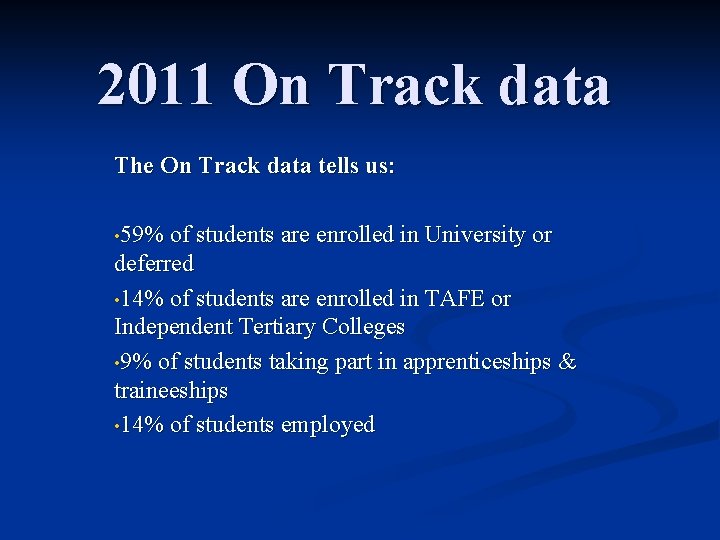 2011 On Track data The On Track data tells us: • 59% of students