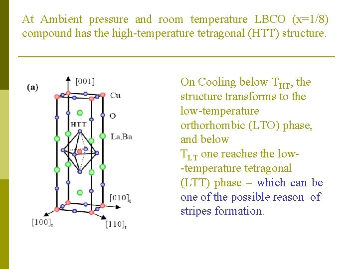 At Ambient pressure and room temperature LBCO (x=1/8) compound has the high-temperature tetragonal (HTT)