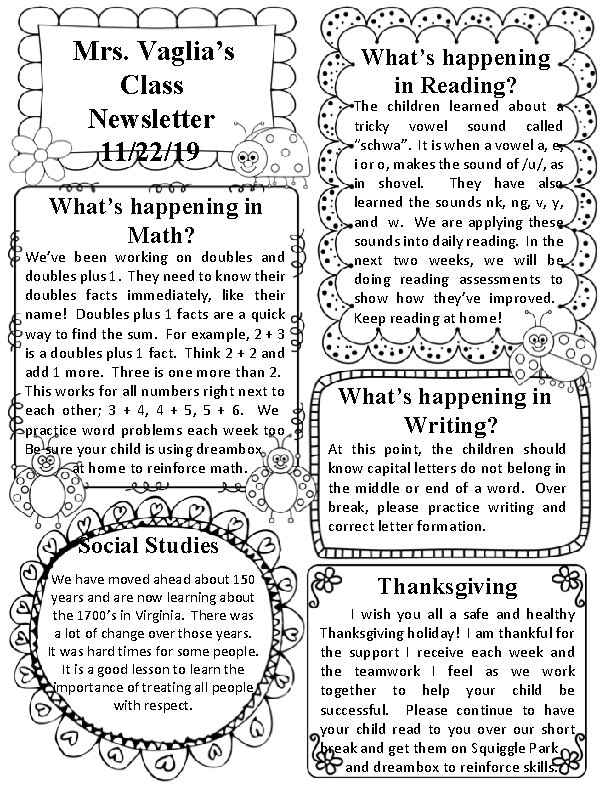 Mrs. Vaglia’s Class Newsletter 11/22/19 What’s happening in Math? We’ve been working on doubles