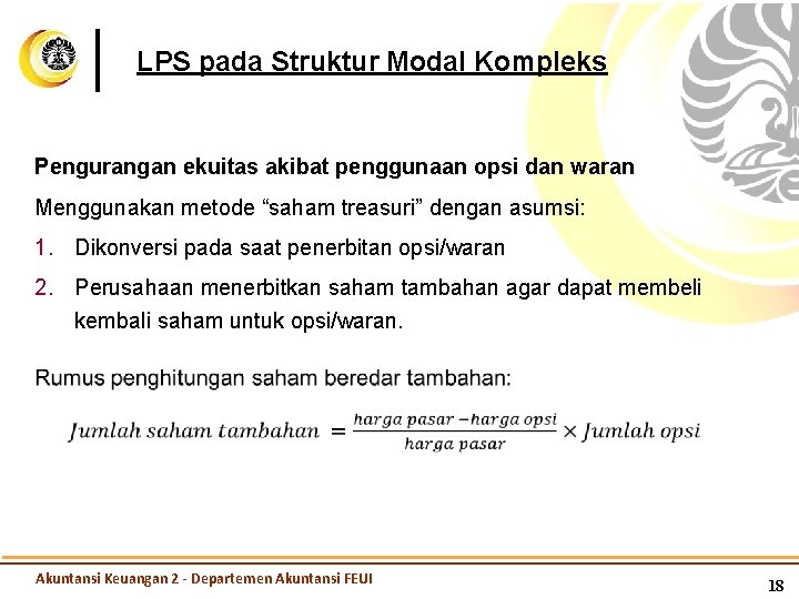 LPS pada Struktur Modal Kompleks Pengurangan ekuitas akibat penggunaan opsi dan waran Menggunakan metode