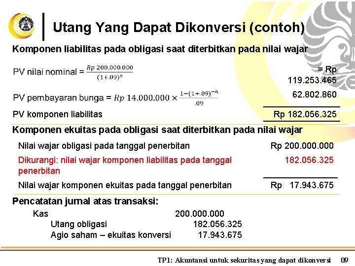 Utang Yang Dapat Dikonversi (contoh) Komponen liabilitas pada obligasi saat diterbitkan pada nilai wajar