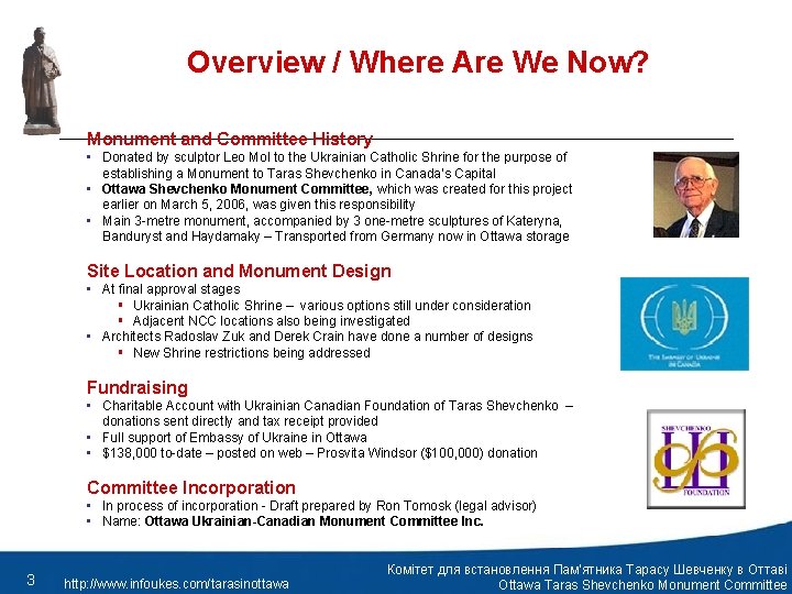 Overview / Where Are We Now? Monument and Committee History • Donated by sculptor
