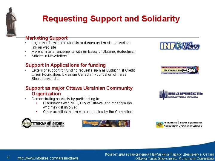 Requesting Support and Solidarity Marketing Support • • • Logo on information materials to