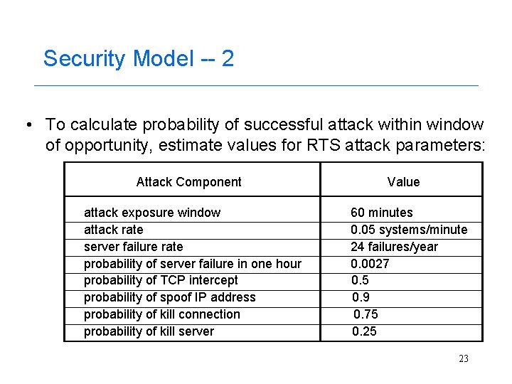 Security Model -- 2 • To calculate probability of successful attack within window of