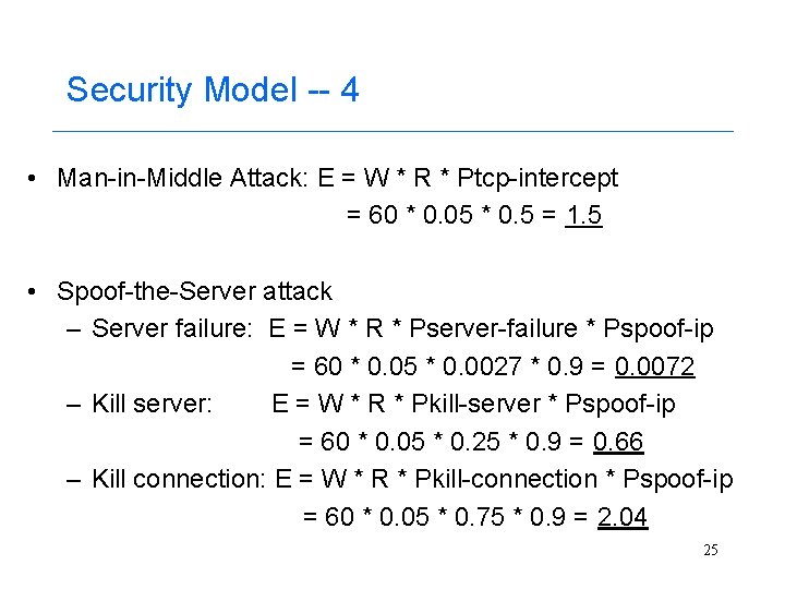 Security Model -- 4 • Man-in-Middle Attack: E = W * R * Ptcp-intercept