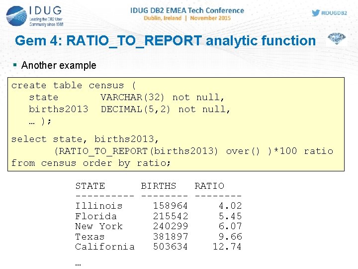 Gem 4: RATIO_TO_REPORT analytic function Another example create table census ( state VARCHAR(32) not