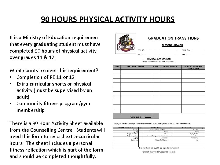 90 HOURS PHYSICAL ACTIVITY HOURS It is a Ministry of Education requirement that every