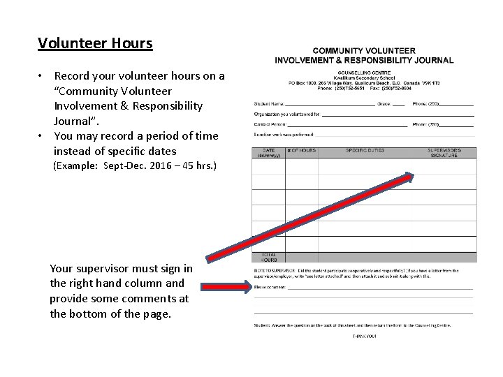 Volunteer Hours • Record your volunteer hours on a “Community Volunteer Involvement & Responsibility