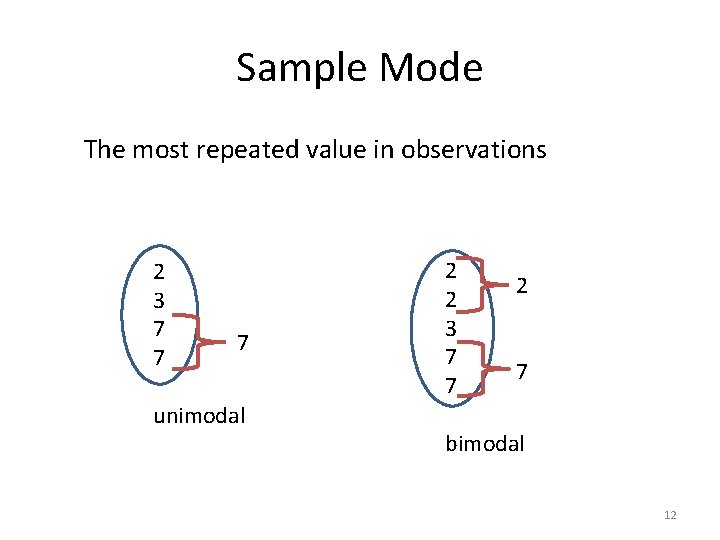 Sample Mode The most repeated value in observations 2 3 7 7 7 unimodal