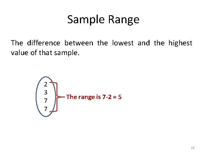 Sample Range The difference between the lowest and the highest value of that sample.